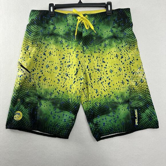 Pelagic Shark Skin Board Shorts Mens Waist 39 Green Yellow Surf **FLAWS READ - Picture 1 of 16
